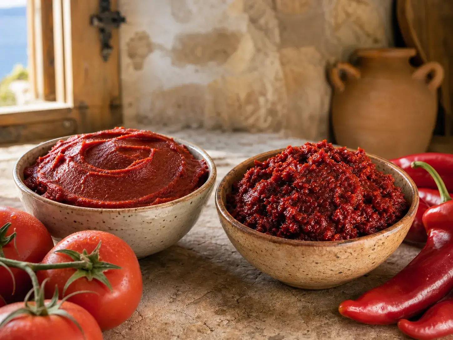 Kasede ev yapımı domates salçası ile acı ve tatlı biber salçası